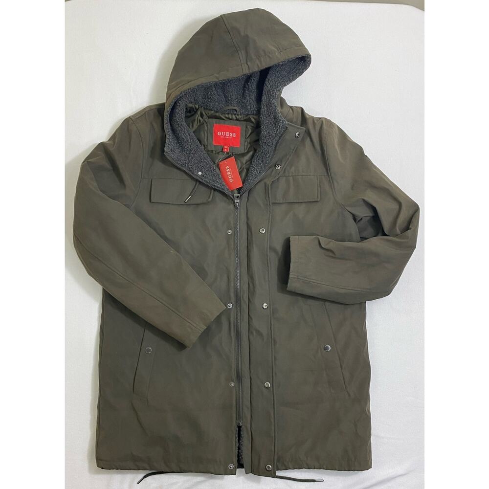 GUESS Hunter Green Parka Coat Mens XL NWT Sherpa Lined Removable Hood Winter